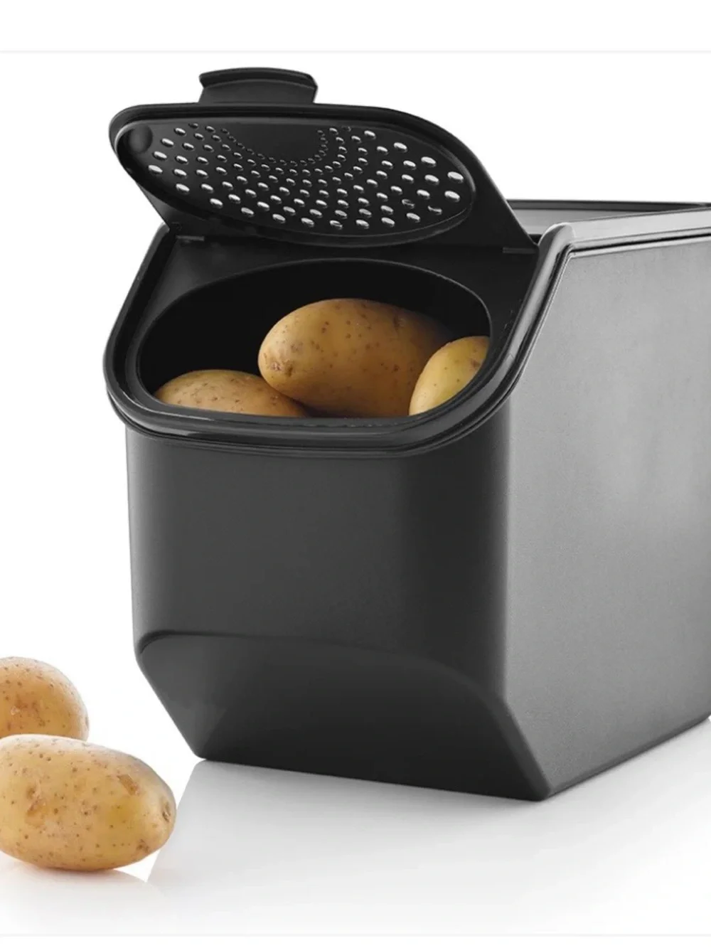Black Countertop Potato Storage Bin with Venting Lid Tupperware